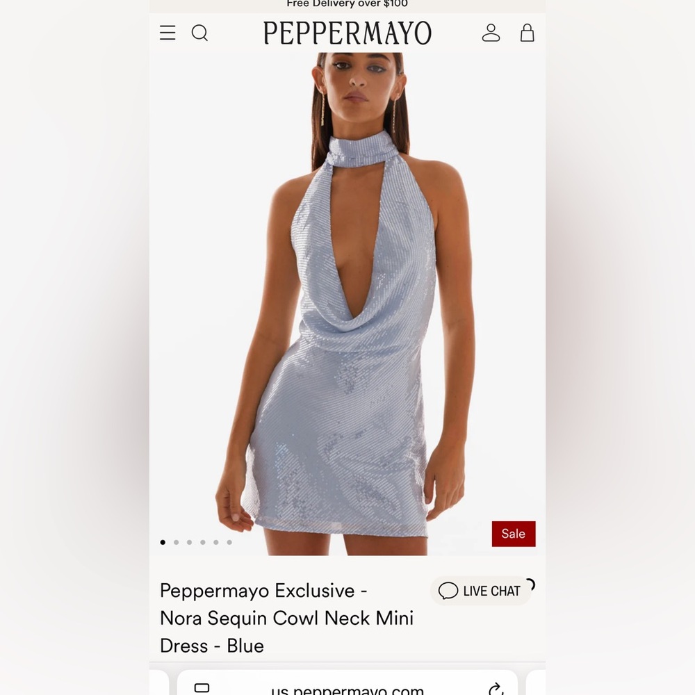 NWT Peppermayo Exclusive -
Nora Sequin Cowl Neck Mini
Dress - Blue US 4